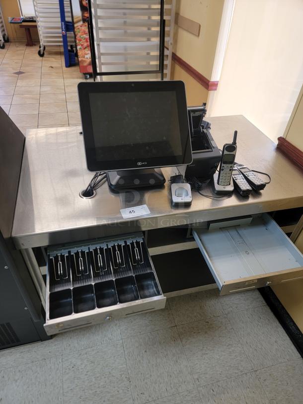4' Stainless Steel POS Station with Cash Drawers & Bonus NCR POS Equipment - Ready for Your Business! *BUYER MUST REMOVE - NO SHIPPING OR HANDLING AVAILABLE* - Image 1 of 3