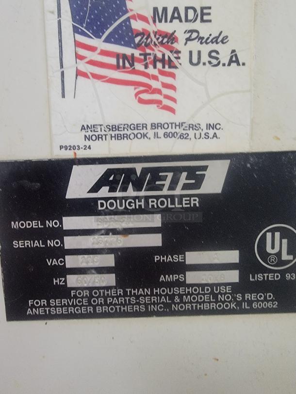 Anets SDR-21 Dough Roller label, featuring model and serial number details, made by Anetsberger Brothers, USA.