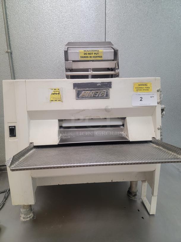 Anets SDR-21 two-stage dough roller, commercial-grade, visible warning labels, used condition, buyer must remove.