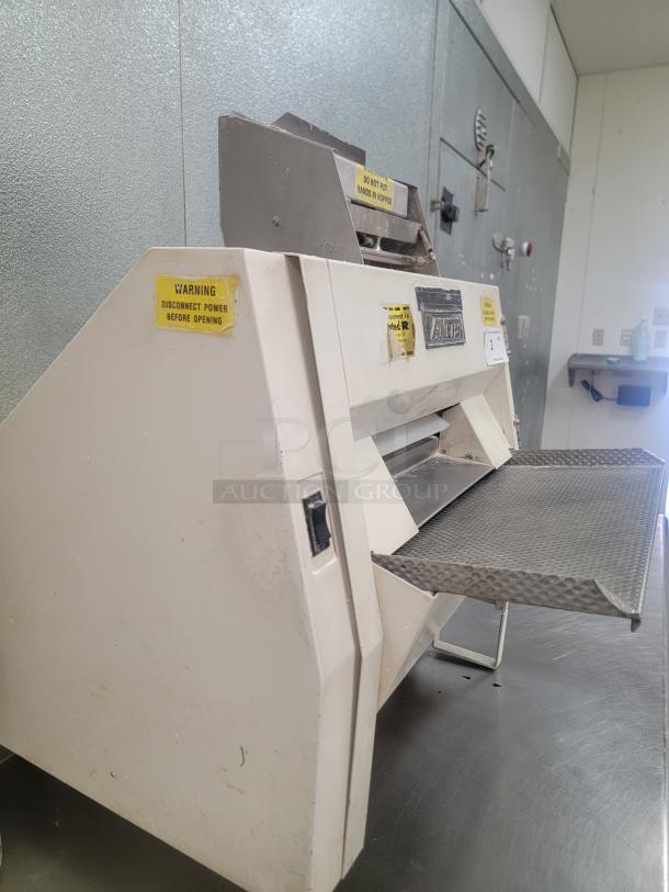 Anets SDR-21 two-stage dough roller, commercial-grade, good condition, warning labels visible, no shipping available.