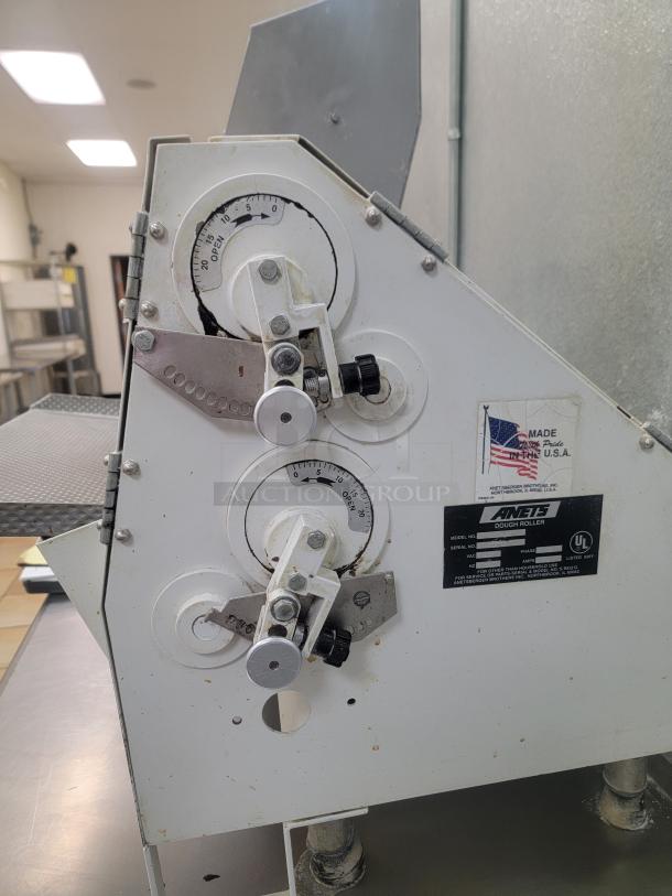 Anets SDR-21 Dough Roller, two-stage, commercial-grade, adjustable thickness dials, used condition, model label visible.