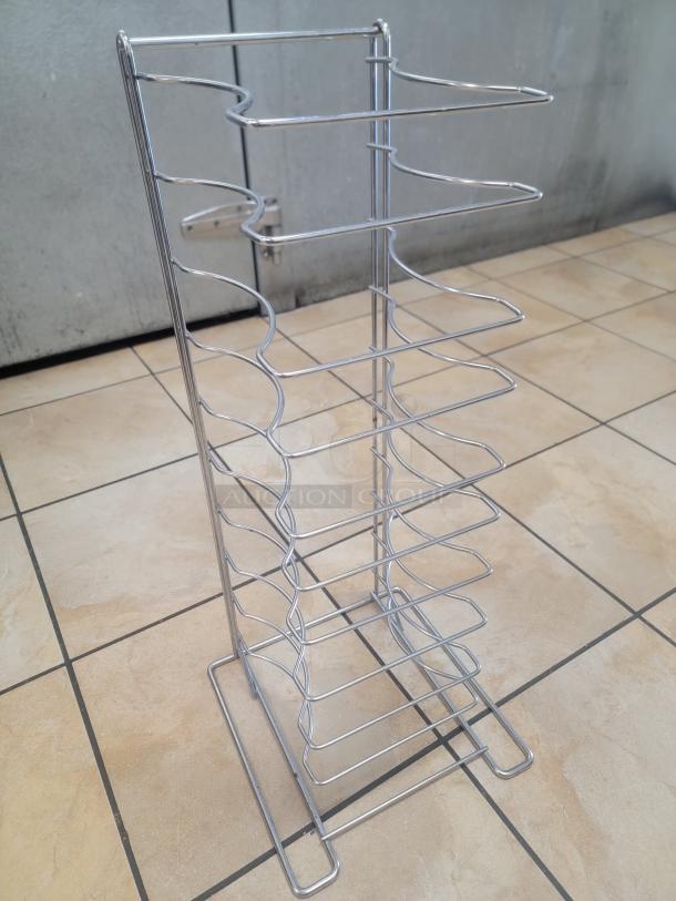 27" Heavy Duty Chrome Pizza Pan Rack - Maximize Your Pizza Output! Streamline your pizza production and storage with this robust 27-inch Heavy Duty Chrome Pizza Pan Rack, an essential piece of equipment for any pizzeria, restaurant, or high-volume kitchen that needs efficient storage and cooling for pizza pans. *BUYER MUST REMOVE - NO SHIPPING OR HANDLING AVAILABLE* - Image 2 of 2