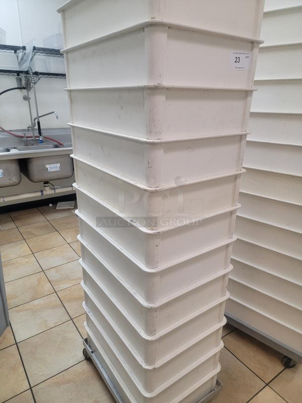 Bulk lot of 12 durable injection mold refrigerator drawers, used condition, food-safe, commercial/home storage, on dolly.