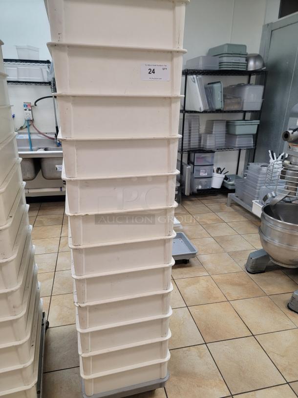 Twelve durable injection mold refrigerator drawers, food-safe, ideal for commercial or home use. Tag reads "Lot 24, 12 pcs."