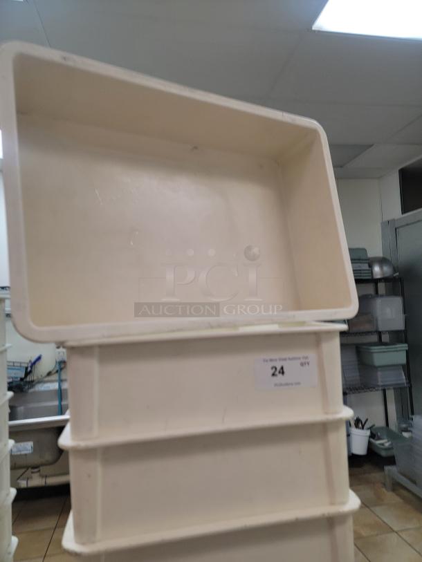 Set of 12 injection mold refrigerator drawers, durable and food-safe, for commercial or home use. Auction item tag: 24 QTY.