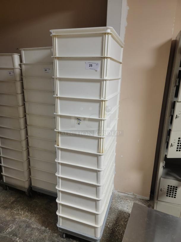 A stack of 12 white injection mold refrigerator drawers on wheels, ideal for fridge storage. Tag shows quantity 25.