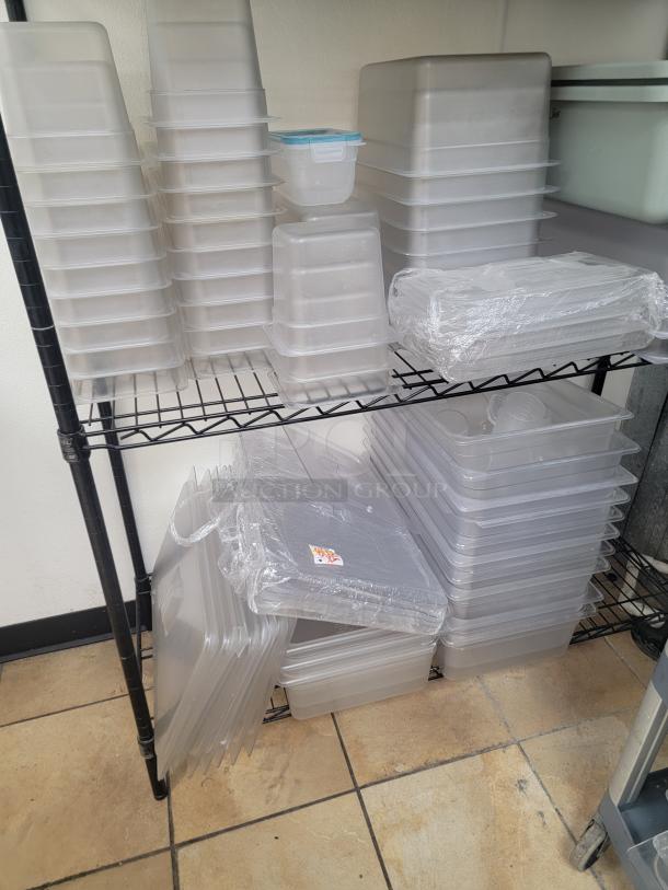 5' Metro rack with assorted food storage containers! Is your kitchen or pantry a chaotic mess? Get organized and boost your storage capacity with this fantastic bundle! We're offering a 4-foot, 4-shelf Metro Rack, renowned for its durability and versatility, and we're sweetening the deal by including a bonus assortment of food-safe storage containers! *BUYER MUST REMOVE - NO SHIPPING OR HANDLING AVAILABLE* - Image 5 of 7