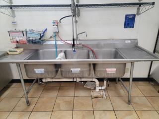 8' Commercial Stainless Steel 3-Compartment Sink with Sink Rite Dishwashing System - Ready for Your Kitchen! Upgrade your dishwashing operations with this complete setup! We're offering a robust 8-foot Commercial Stainless Steel 3-Compartment Sink, paired with an efficient Sink Rite Dishwashing System, perfect for any bustling restaurant, catering company, or food service establishment. *BUYER MUST REMOVE - NO SHIPPING OR HANDLING AVAILABLE*