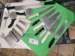 Commercial Kitchen Upgrade! 3 Cutting Boards & Assorted Knives! Looking to equip your commercial kitchen or elevate your home prep station? We've got a fantastic deal on three 2'x18" commercial-grade cutting boards and a great assortment of knives and cutting utensils!

These heavy-duty cutting boards are perfect for busy kitchens, offering ample space for all your chopping needs. They're built to withstand the rigors of a commercial environment, providing a stable and sanitary surface for food preparation. *BUYER MUST REMOVE - NO SHIPPING OR HANDLING AVAILABLE*