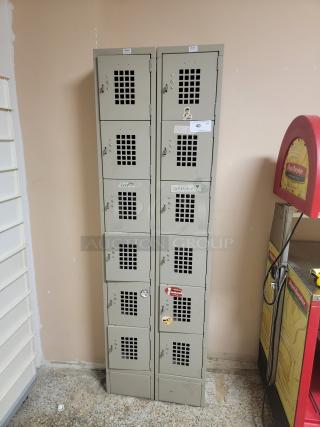 (2) Winholt 6-Tier Steel Lockers - Perforated Doors, Commercial Grade! Set of two (2) Winholt WL 66/15 6-Tier / 1-Column Steel Lockers with Perforated Doors. These heavy-duty, commercial-grade lockers are perfect for a variety of settings needing secure and organized storage. *BUYER MUST REMOVE - NO SHIPPING OR HANDLING AVAILABLE*