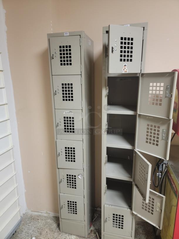 (2) Winholt 6-Tier Steel Lockers - Perforated Doors, Commercial Grade! Set of two (2) Winholt WL 66/15 6-Tier / 1-Column Steel Lockers with Perforated Doors. These heavy-duty, commercial-grade lockers are perfect for a variety of settings needing secure and organized storage. *BUYER MUST REMOVE - NO SHIPPING OR HANDLING AVAILABLE* - Image 2 of 4