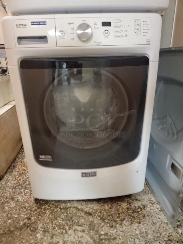 Maytag Electric Stackable Washer & Dryer Set - Efficient & Space-Saving! Fantastic Maytag electric stackable washer and dryer set, perfect for maximizing space in your laundry area! This reliable duo offers powerful cleaning and drying performance in a compact footprint. *BUYER MUST REMOVE - NO SHIPPING OR HANDLING AVAILABLE* - Image 3 of 7
