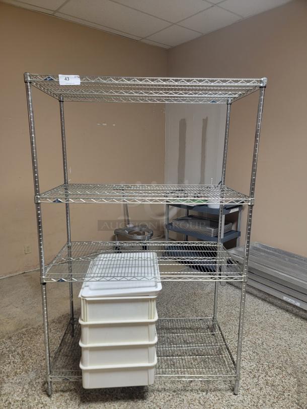 4' Metro rack with assorted food storage containers! Is your kitchen or pantry a chaotic mess? Get organized and boost your storage capacity with this fantastic bundle! We're offering a 4-foot, 3-shelf Metro Rack, renowned for its durability and versatility, and we're sweetening the deal by including a bonus assortment of food-safe storage containers! *BUYER MUST REMOVE - NO SHIPPING OR HANDLING AVAILABLE* - Image 1 of 3
