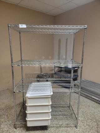 4' Metro rack with assorted food storage containers! Is your kitchen or pantry a chaotic mess? Get organized and boost your storage capacity with this fantastic bundle! We're offering a 4-foot, 3-shelf Metro Rack, renowned for its durability and versatility, and we're sweetening the deal by including a bonus assortment of food-safe storage containers! *BUYER MUST REMOVE - NO SHIPPING OR HANDLING AVAILABLE*