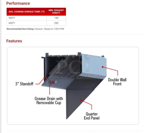 Commercial kitchen hood with double wall front, 3" standoff, grease drain with removable cup, and quarter end panel.