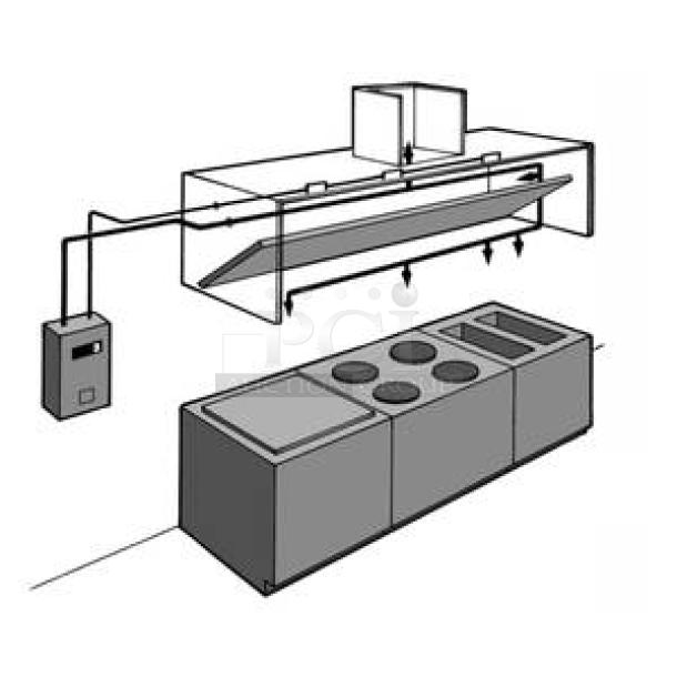 Commercial kitchen ventilation system diagram, showing ductwork, control panel, and ventilation hood over a four-burner stove.