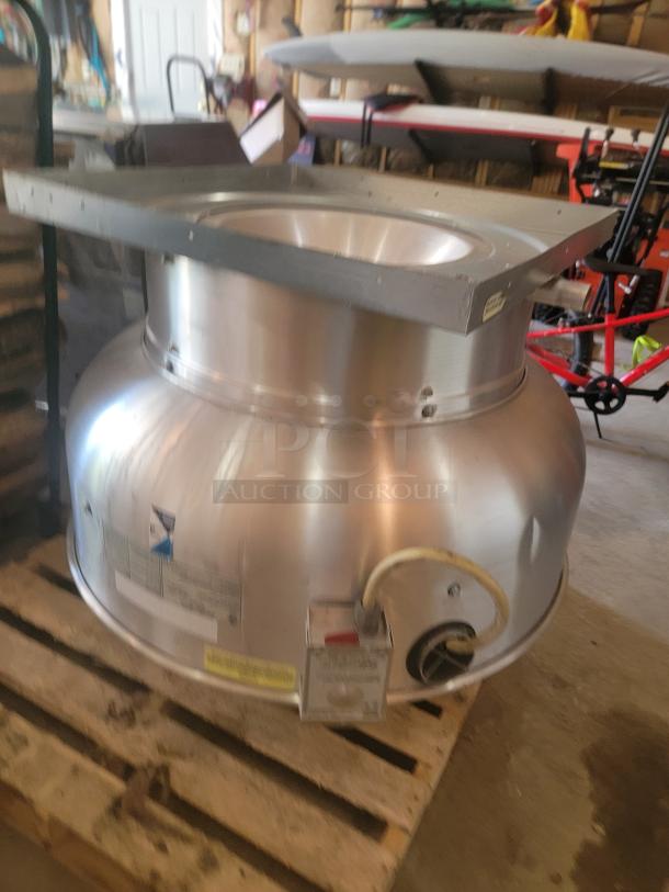 Industrial exhaust fan, stainless steel, used condition, visible wiring and control box, manufacturer label partially visible.