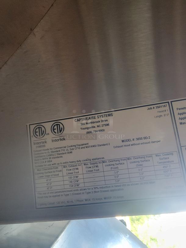CaptiveAire Systems exhaust hood label, model 3650 BD-2, for commercial cooking, certified to UL and NFPA standards.