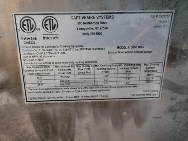 CaptiveAire exhaust hood label detailing model 3650 BD-2 specifications, safety standards, and operational guidelines.