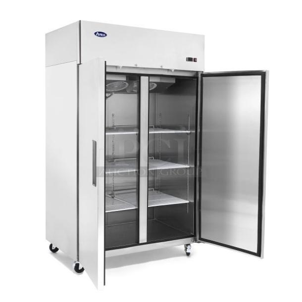 Stainless steel commercial refrigerator with dual glass doors, four adjustable shelves, on casters; Arctic Air brand, model R22.