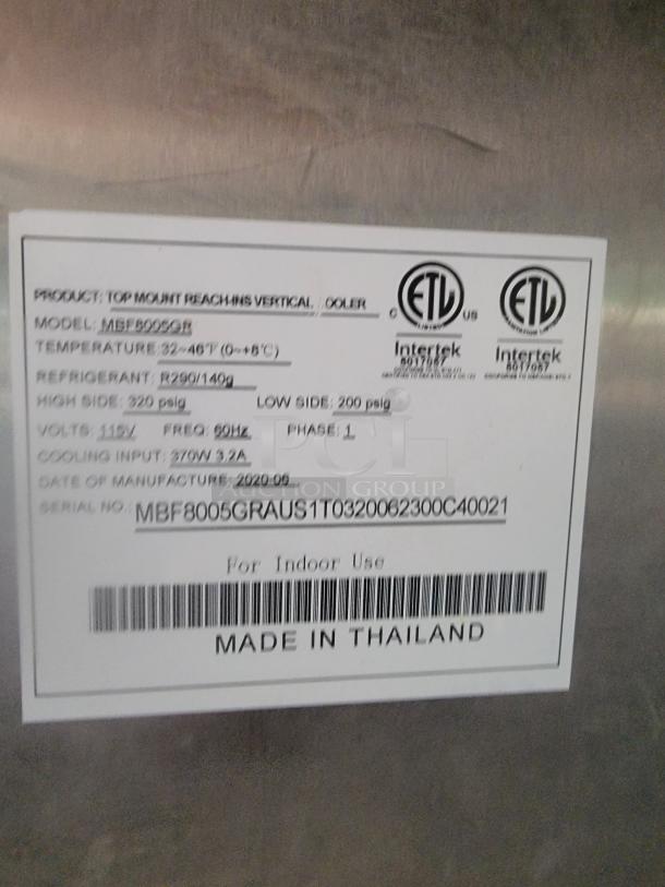 Label for top mount reach-in cooler, model MBF8005GR, ETL-certified, made in Thailand, manufactured May 2020.