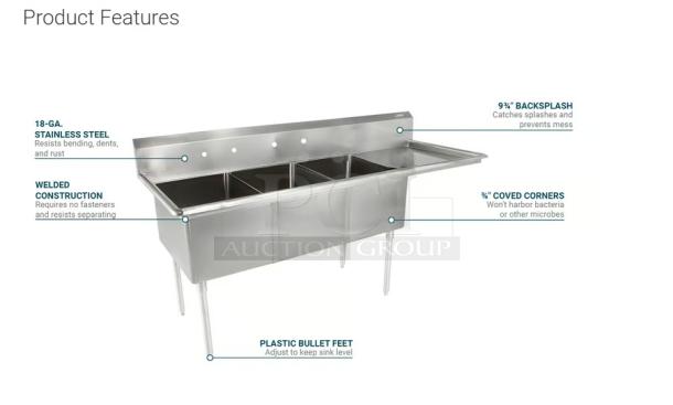 Stainless steel 3-compartment sink with 9.5" backsplash, coved corners, welded construction, and plastic bullet feet.