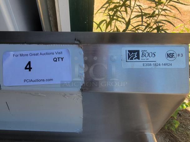 John Boos stainless steel kitchen equipment, model E3S8-1824-14R24, NSF certified, in good condition. Quantity 4 available.