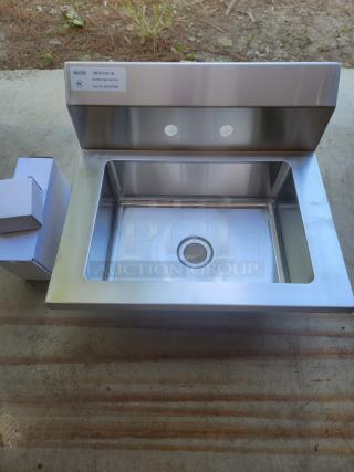 Miktek MRS-HS-18 stainless steel hand sink with dual faucet holes, NSF label, new condition, durable kitchen fixture.