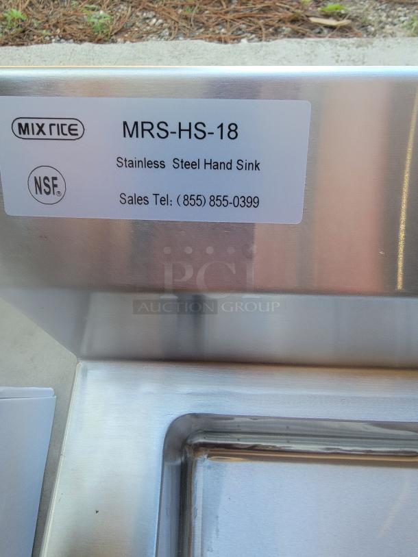 Stainless steel hand sink, model MRS-HS-18 by MixRite, NSF certified. Features durable build, perfect for commercial use.