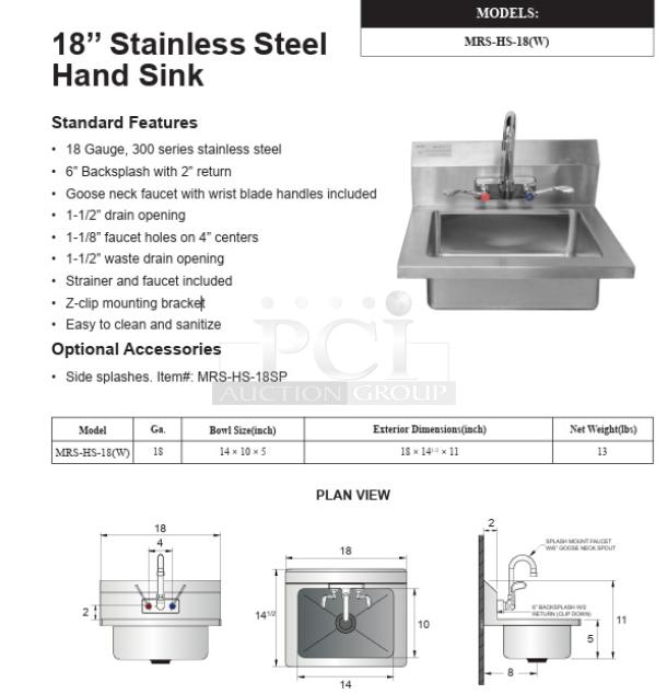 18" stainless steel hand sink, model MRS-HS-18(W). Includes gooseneck faucet, strainer, 18-gauge steel, easy to clean.