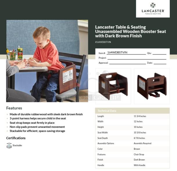 Lancaster unassembled wooden booster seat with dark brown finish, 3-point harness, non-slip pads, stackable, durable rubberwood.