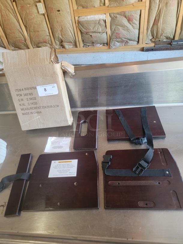 Wooden wall-mounted desk parts with straps, packaging box labeled "Item #80816766", new condition, made in China.