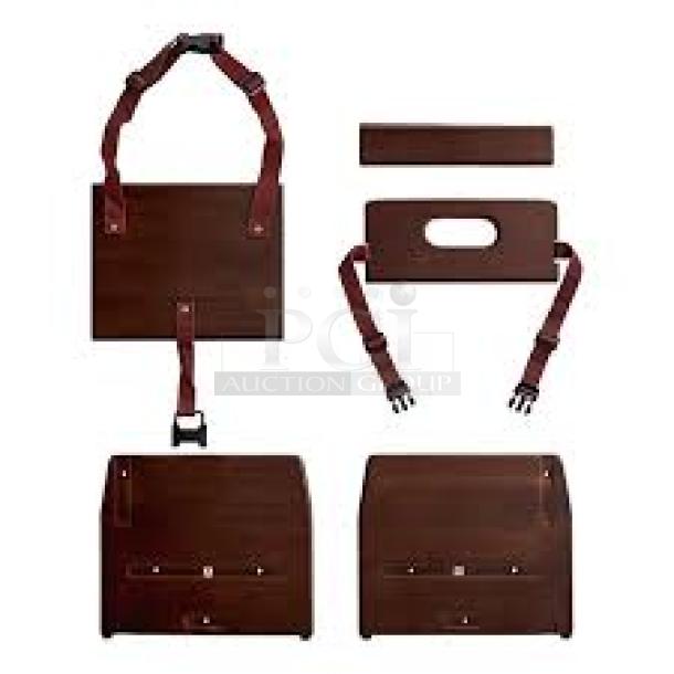 Convertible wooden portable desk with leather straps, in excellent condition. Features modular design with cutout handles.