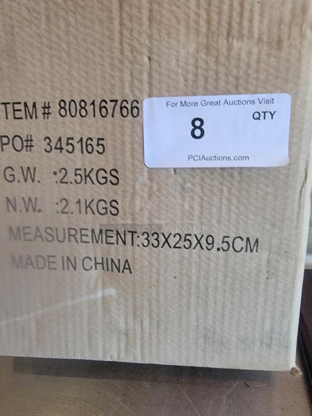 Cardboard box with label showing item #80816766, G.W.: 2.5kgs, N.W.: 2.1kgs, dimensions 33x25x9.5cm, made in China, quantity 8.