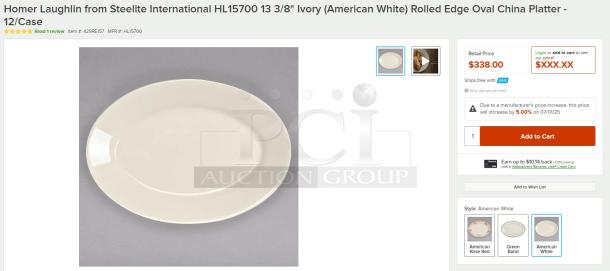 Ivory 13 3/8" oval china platter by Homer Laughlin, rolled edge, American white, excellent condition, sold in cases of 12.