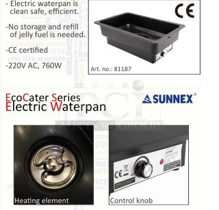Sunnex EcoCater Electric Waterpan, CE certified, 220V AC, 760W. Features heating element, control knob, Art. no.: 81187.