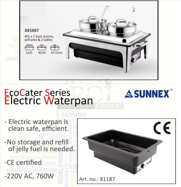 SUNNEX EcoCater Electric Waterpan, CE certified, 4L x 2 bain maries, with frame, 220V AC, 760W, model X85887.