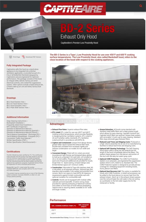 CaptiveAire BD-2 Series Exhaust Hood, Type I, low proximity design for temperatures over 450°F, ETL listed, NSF/ANSI compliant.