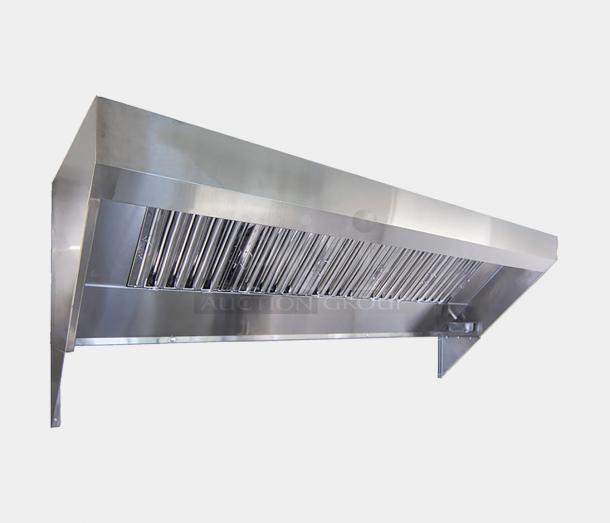 Stainless steel commercial kitchen exhaust hood with baffle filters, pristine condition, wall-mounted design, dimensions approx. 60"x24"x18".