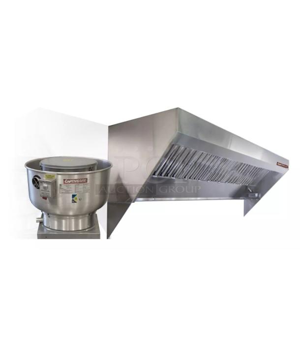 CaptiveAire kitchen exhaust hood and fan set, stainless steel, includes labeling with model and safety details, excellent condition.