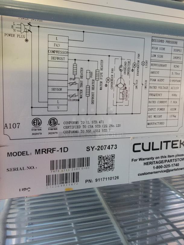 Culitek MRRF-1D Commercial Reach-In Refrigerator - Excellent Condition! Upgrade your kitchen's cold storage with this robust and reliable single-door reach-in refrigerator on casters! Designed for busy commercial environments, this unit offers efficient cooling, ample capacity, and durable construction to keep your ingredients fresh and safe. See video in description below 👇 - Image 4 of 5