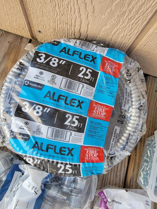 Alflex 3/8" 25ft aluminum flexible conduit, UL listed, made in Mexico, suitable for dry locations, by Southwire.