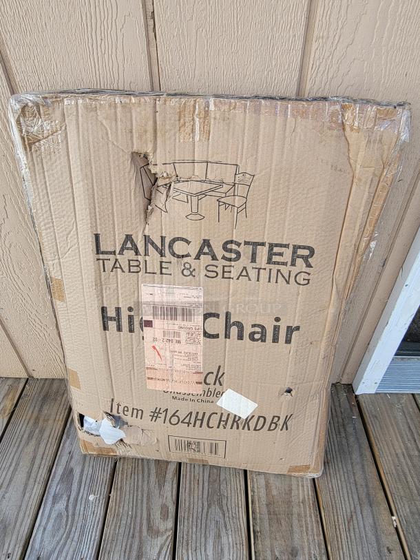 (2) Lancaster Table and Seating wooden restaurant high chairs, one new in box. Durable, easy to clean, ideal for family dining.