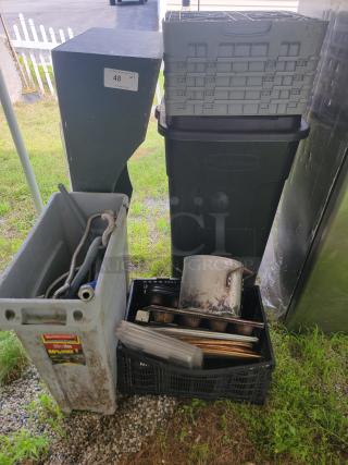 Lot of kitchen items: gas fittings, bakeware, and Rubbermaid trash can. Includes pans, sheets, and various fittings. Used condition.