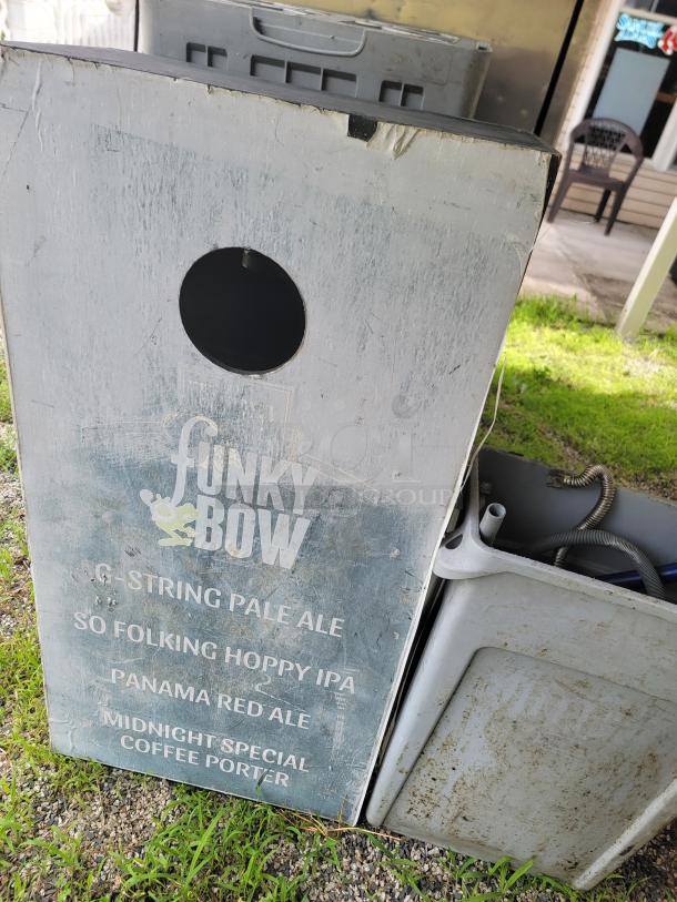 Lot of various kitchen gas fittings, bakeware, Rubbermaid trash can. Includes storage box labeled "Funky Bow" with beer names.