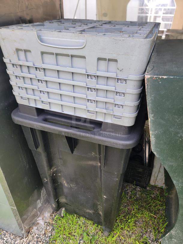 Assorted kitchen items including gas fittings, bakeware, and a sturdy Rubbermaid trash can, ideal for new homes or spares.
