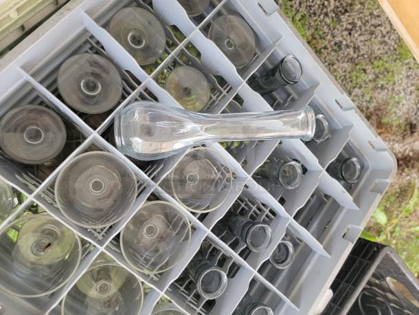 Assorted glassware lot in compartmented tray, various glass types, ideal for collections or crafts, excellent condition.