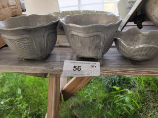 Set of 3 Bon Chef pewter-tone bowls with scalloped edges and textured details, perfect for serving or display. Auction tag visible.