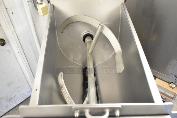 Hobart MG2032 meat mixer grinder with foot pedal, commercial floor style, stainless steel, on casters, 208V, 3-phase.