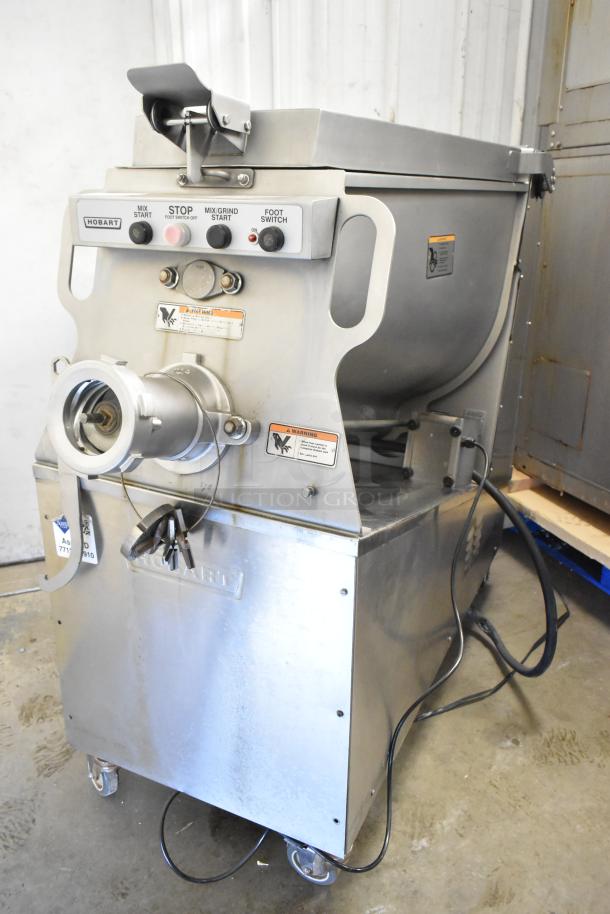 Hobart MG2032 metal commercial meat mixer grinder, electric, floor style, foot pedal, on casters, 208V, 3 phase.